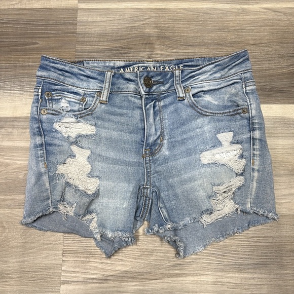 American Eagle Outfitters midi Light Blue Distressed Jean Shorts size 4 - Picture 2 of 8
